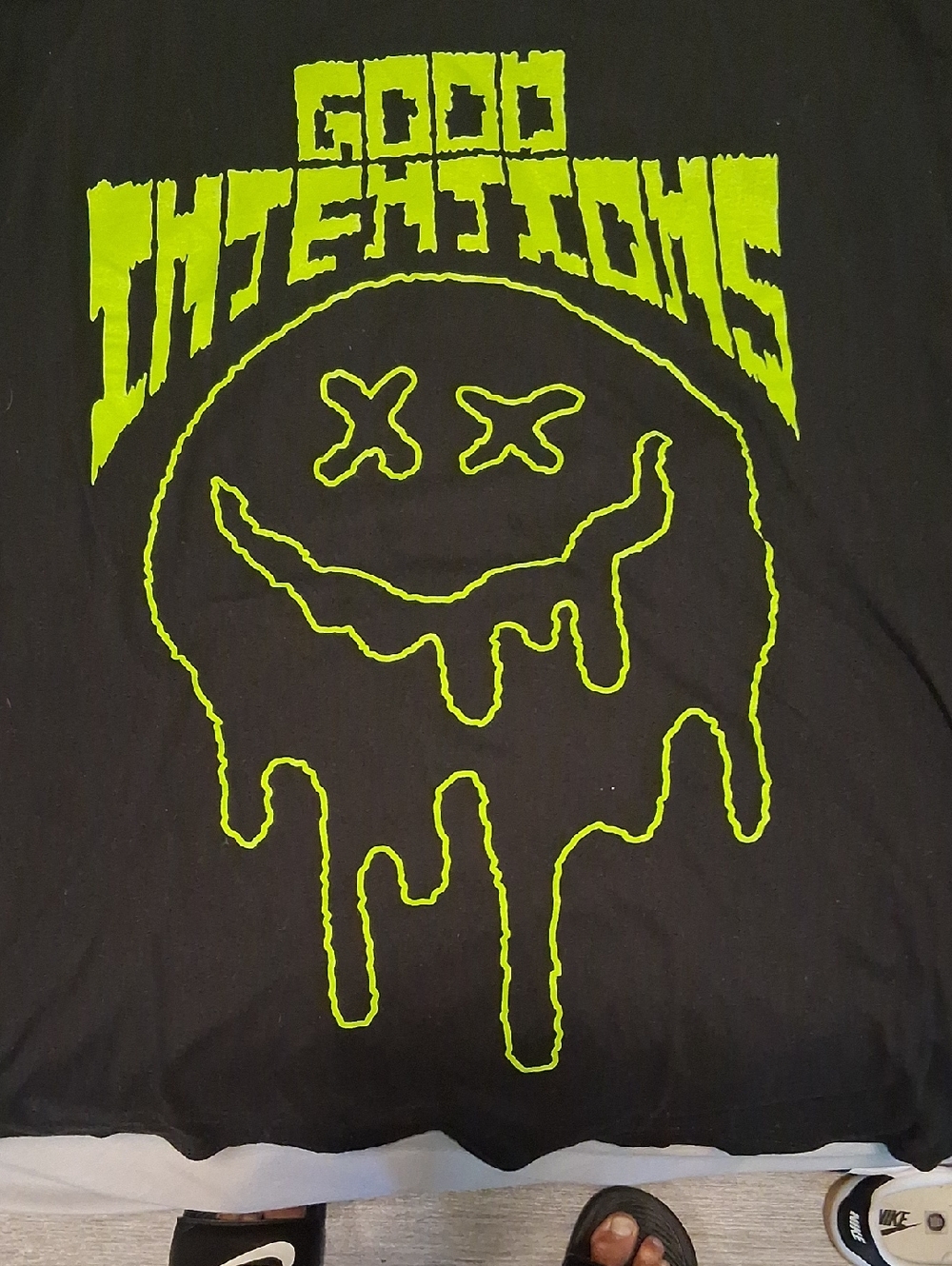 X O Black Tee with Neon Green Graphic Stripes
